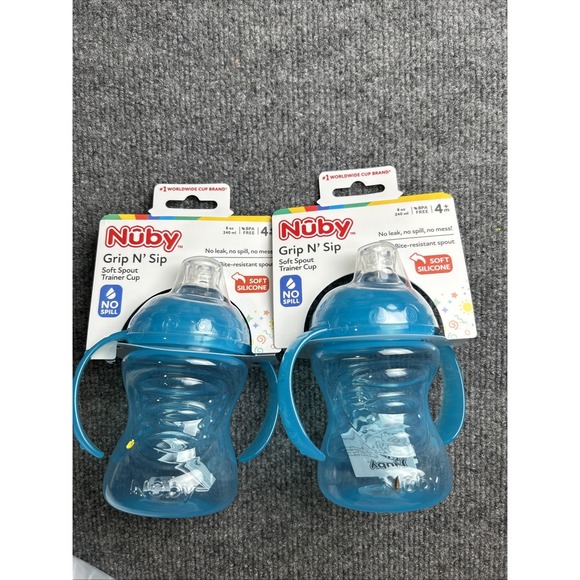 2 Pack Nuby Two-Handle No-Spill Super Spout Grip N' Sip Cup, 8 Ounce Blue 4+ Mos - Picture 1 of 6